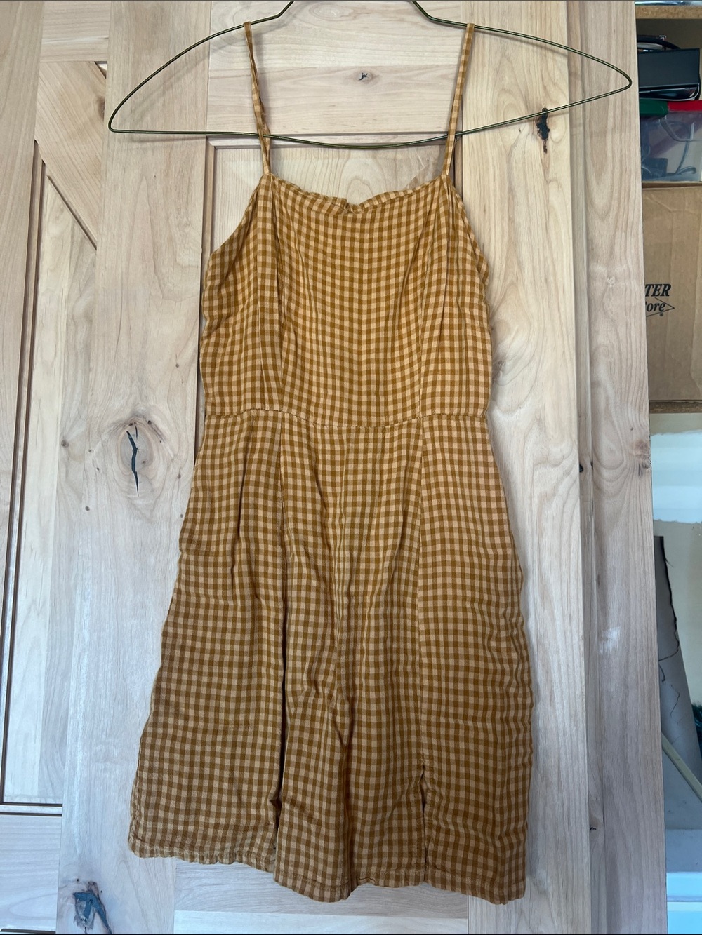 Aeropostale Mustard Gingham Spaghetti-Strap Mini Dress with pockets - Picture 1 of 12